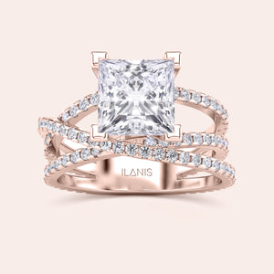 Elegant princess-cut diamond ring in 14K rose gold with a triple-row design and shimmering accent diamonds.