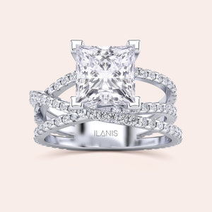 Elegant 14K/18K gold or platinum engagement ring featuring a radiant princess-cut diamond in a unique twisted band.