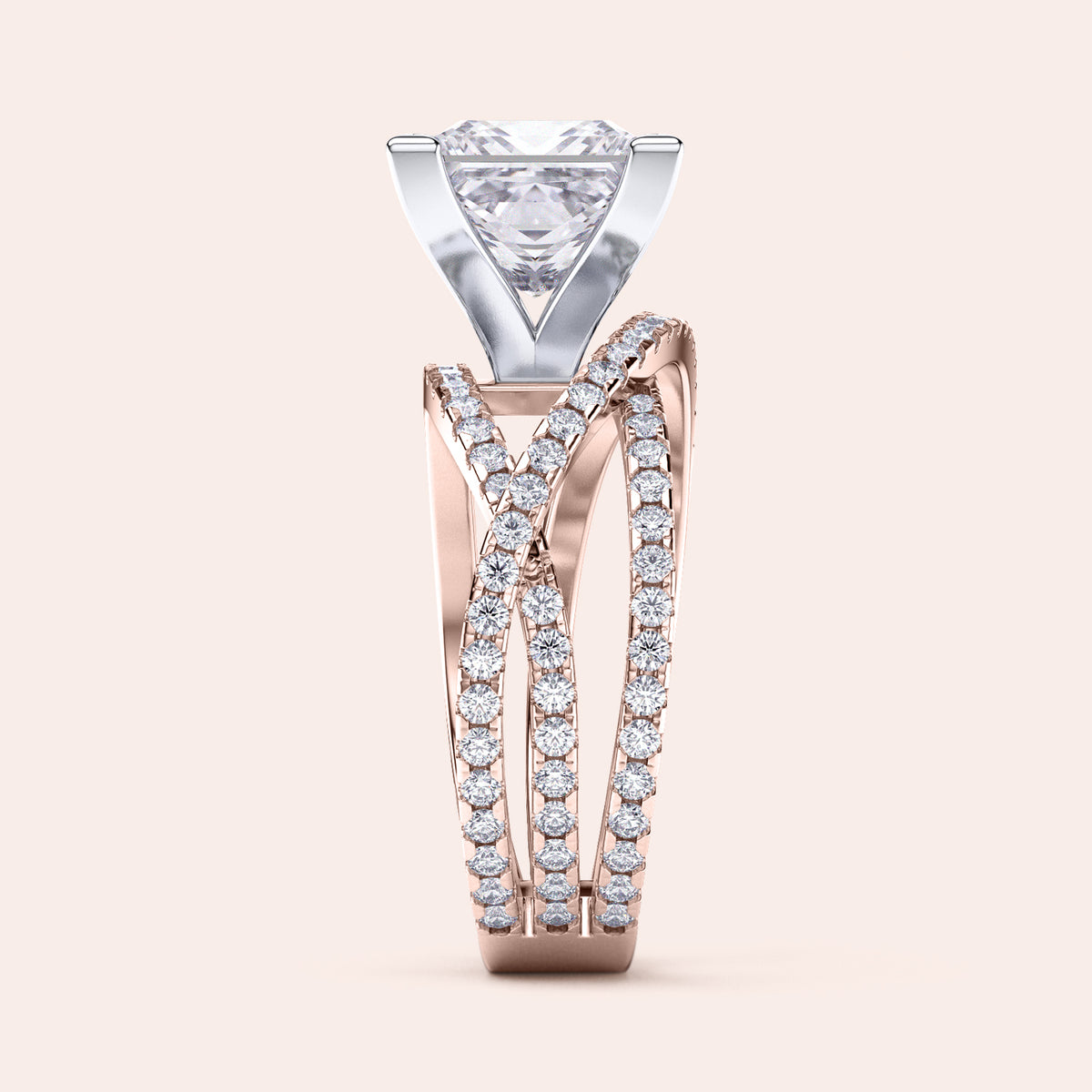 Two-tone 14K rose and white gold engagement ring featuring a heart-shaped diamond and swirl pave band design. 