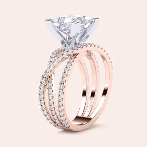 Two-tone 14K rose and white gold princess-cut diamond engagement ring with a swirl pave band, exquisite and elegant. 