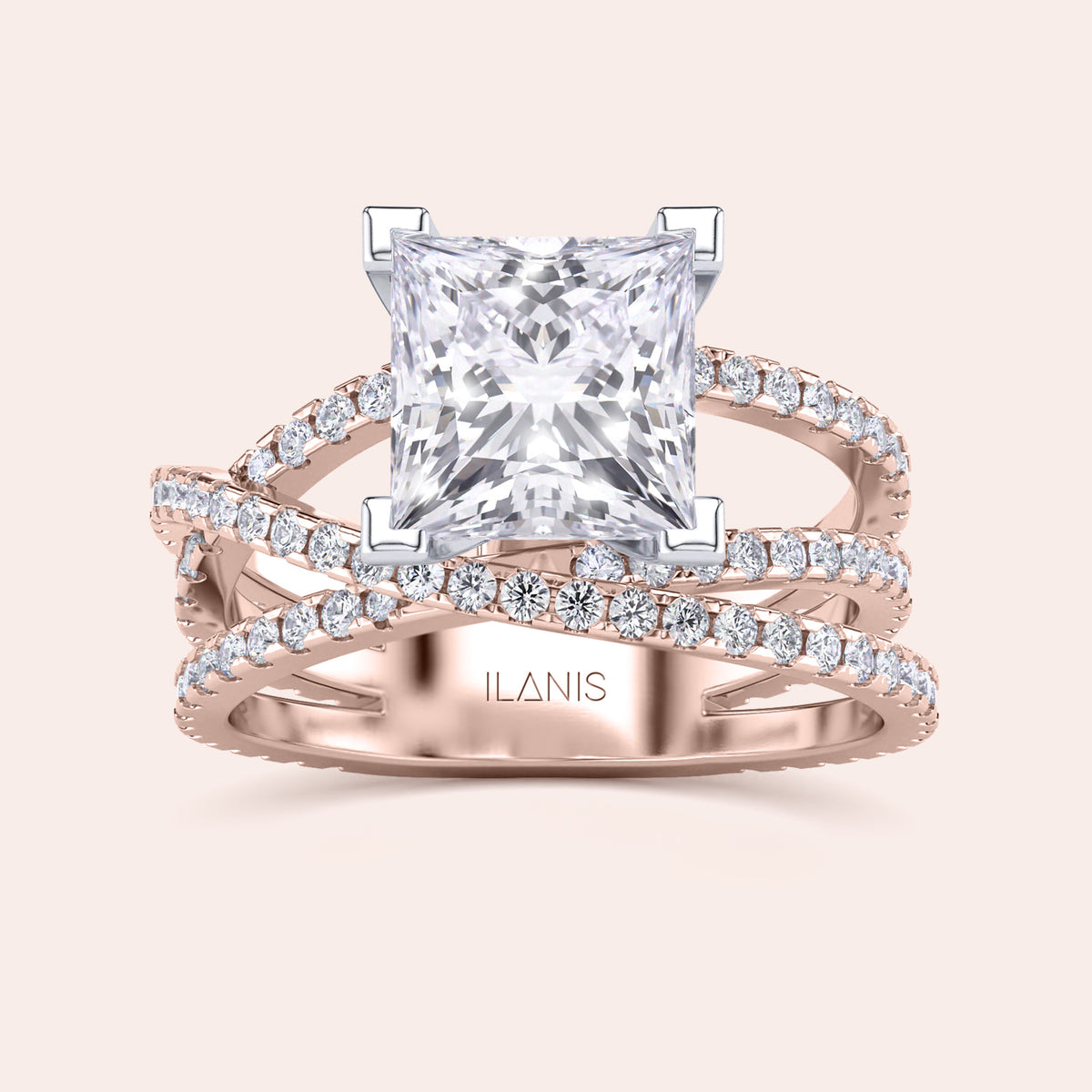 Two-tone princess-cut diamond ring in 14K/18K white and rose gold with swirl pave diamond band, perfect for engagement. 