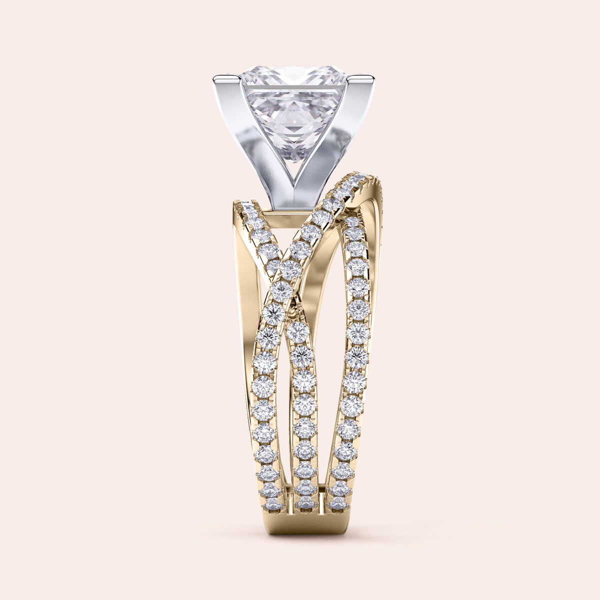 Two-tone 14K gold engagement ring with heart-shaped diamond and swirl pave band in yellow and white gold. 