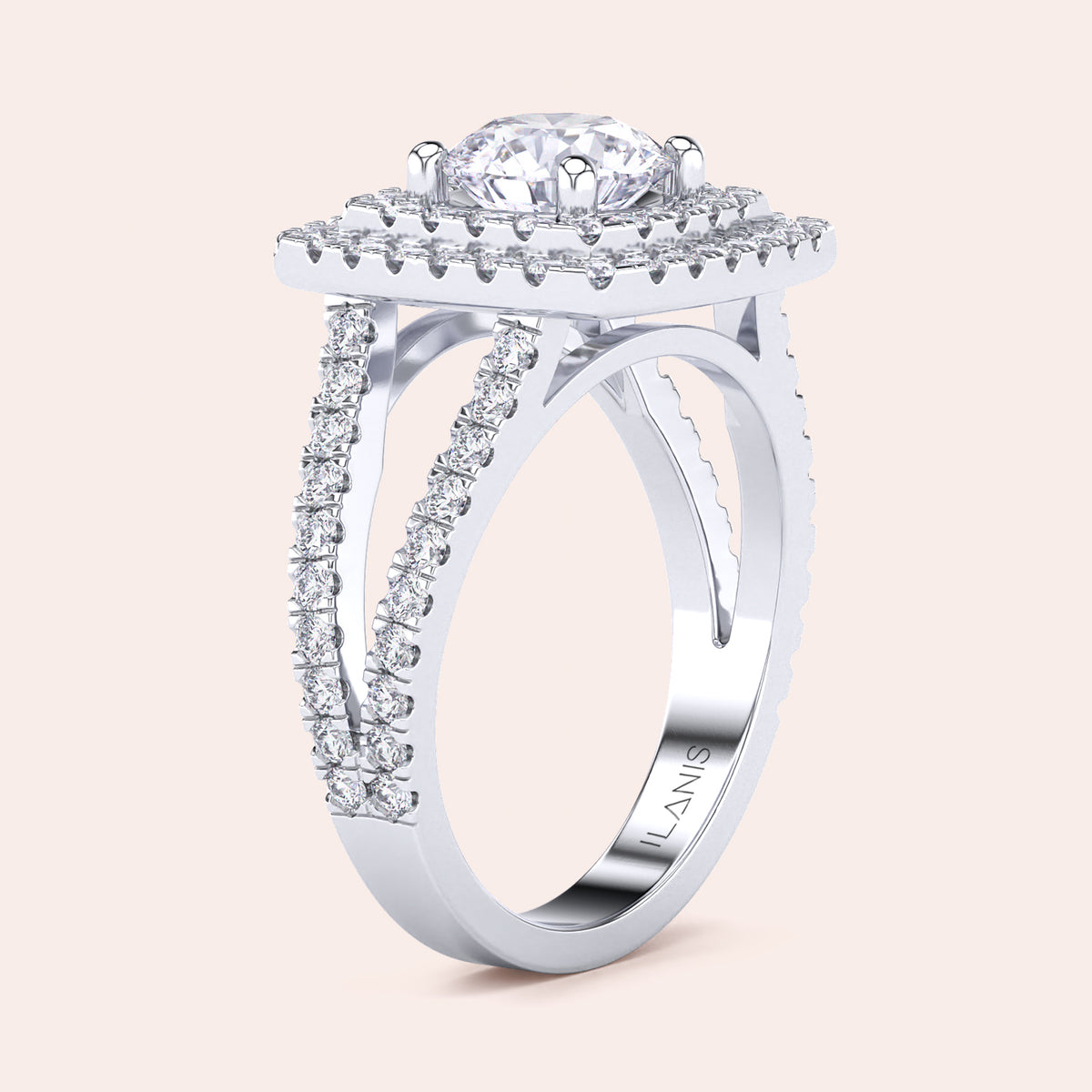 Elegant halo diamond engagement ring with round-cut diamond, set in 14K/18K gold or platinum, featuring a sparkling pave band.