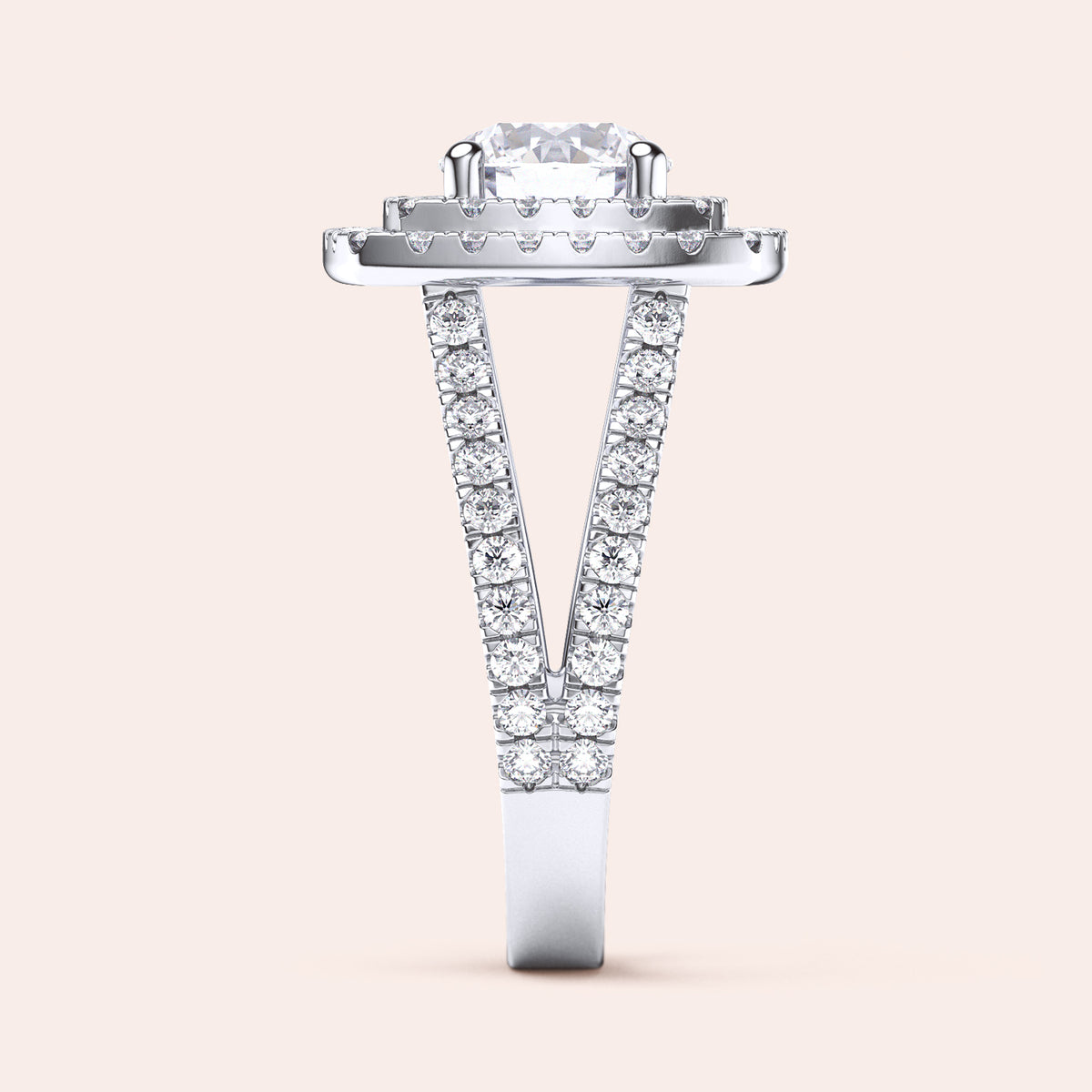 Elegant oval-shaped diamond ring in 14K and 18K gold or platinum with a stunning pave band and solitaire setting.