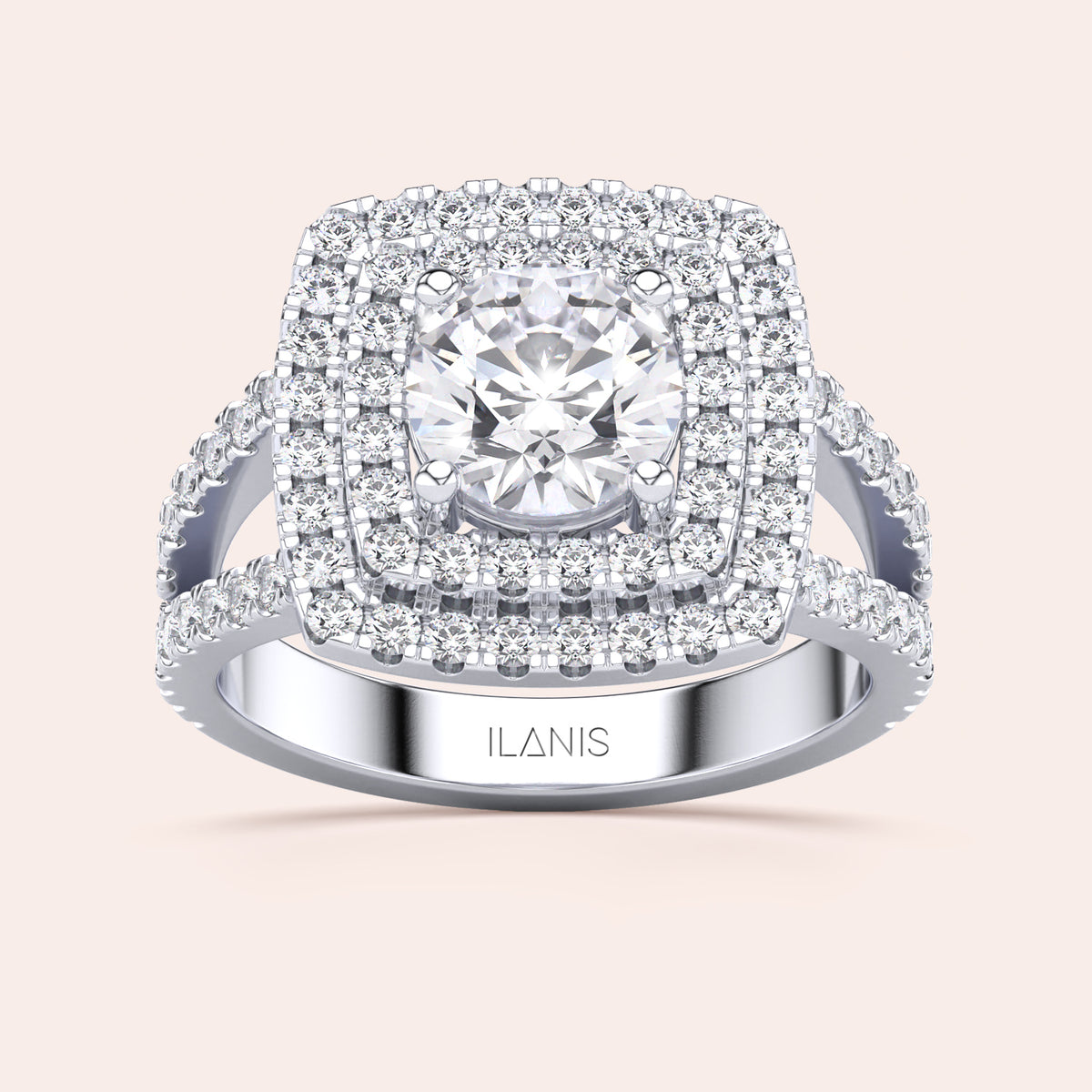 Luxurious 14K diamond engagement ring with a cushion-cut diamond and double halo, featuring a split shank design.