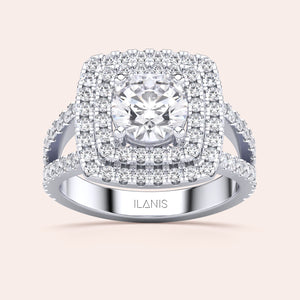 Luxurious 14K diamond engagement ring with a cushion-cut diamond and double halo, featuring a split shank design.