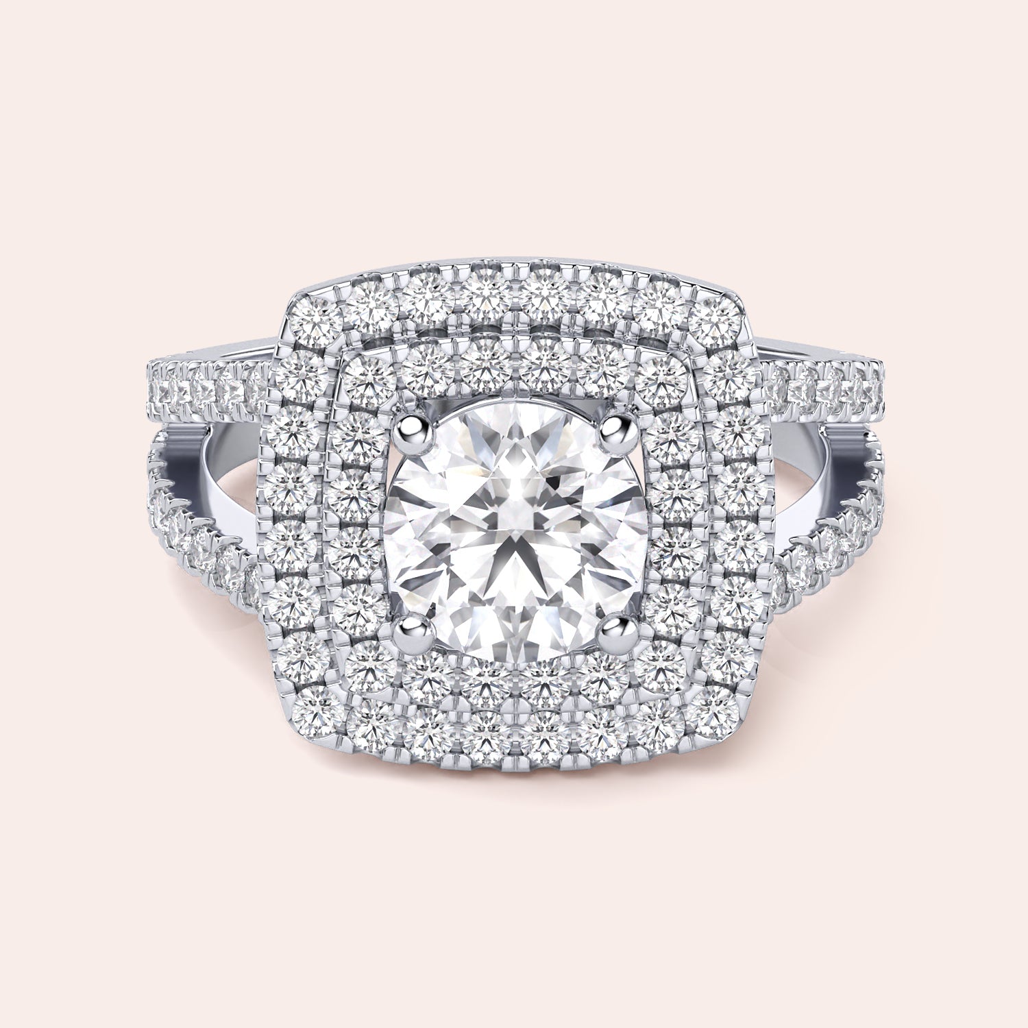 Stunning engagement ring with round diamond center in 14K or 18K gold, featuring a double halo and pave detailing for added elegance.|

#14KRecycledWhiteGold
#18KRecycledWhiteGold
#Platinum






