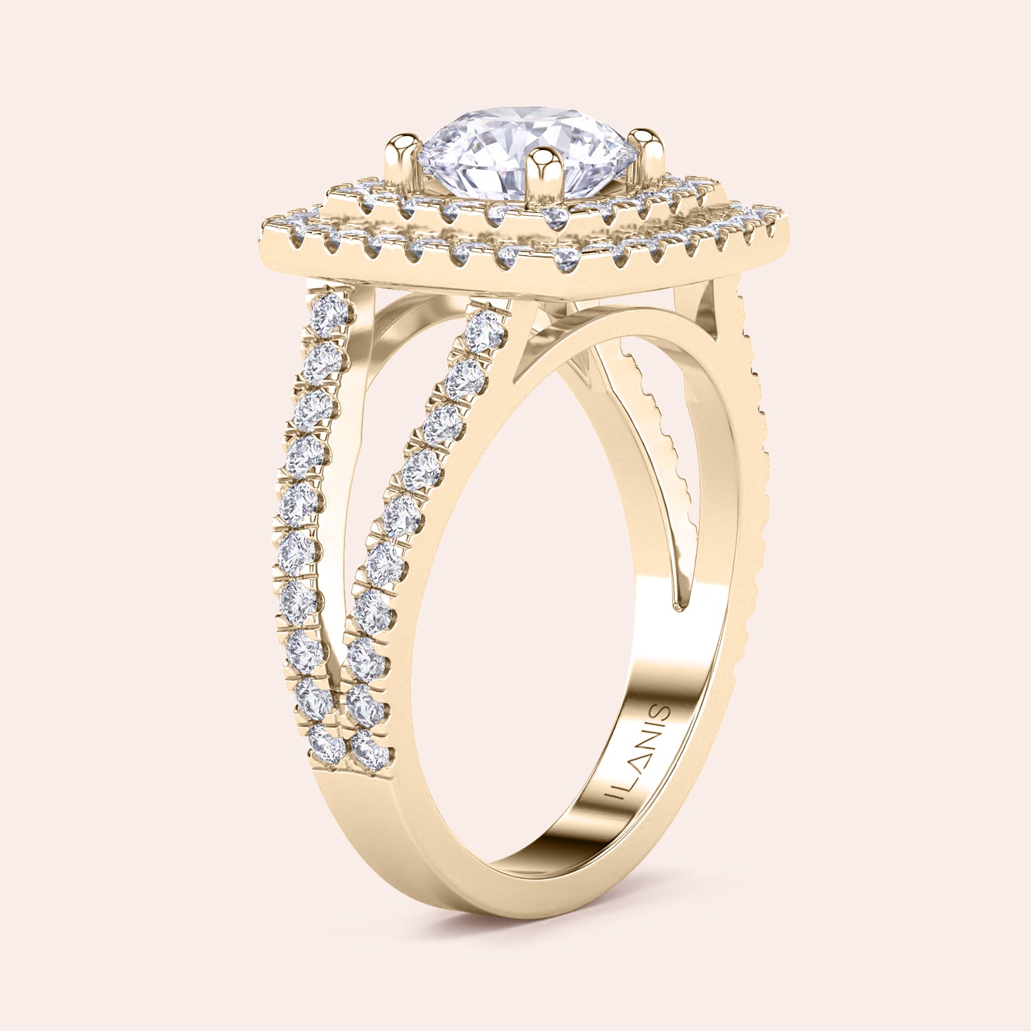 Stunning 14K, 18K gold or platinum engagement ring with radiant diamond halo, pavé split shank, and accent diamonds, exuding luxury.|


#14KRecycledYellowGold 
#18KRecycledYellowGold 