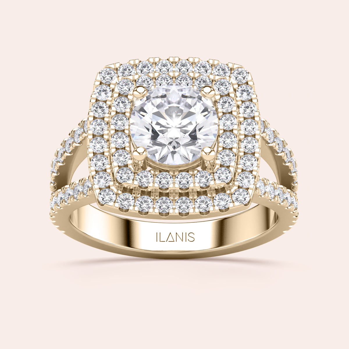Luxurious 14K/18K gold or platinum engagement ring, featuring a round diamond in a double halo with pavé diamonds on a split shank.