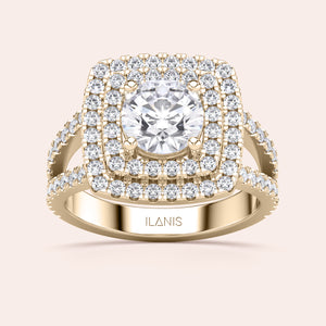 Luxurious 14K/18K gold or platinum engagement ring, featuring a round diamond in a double halo with pavé diamonds on a split shank.