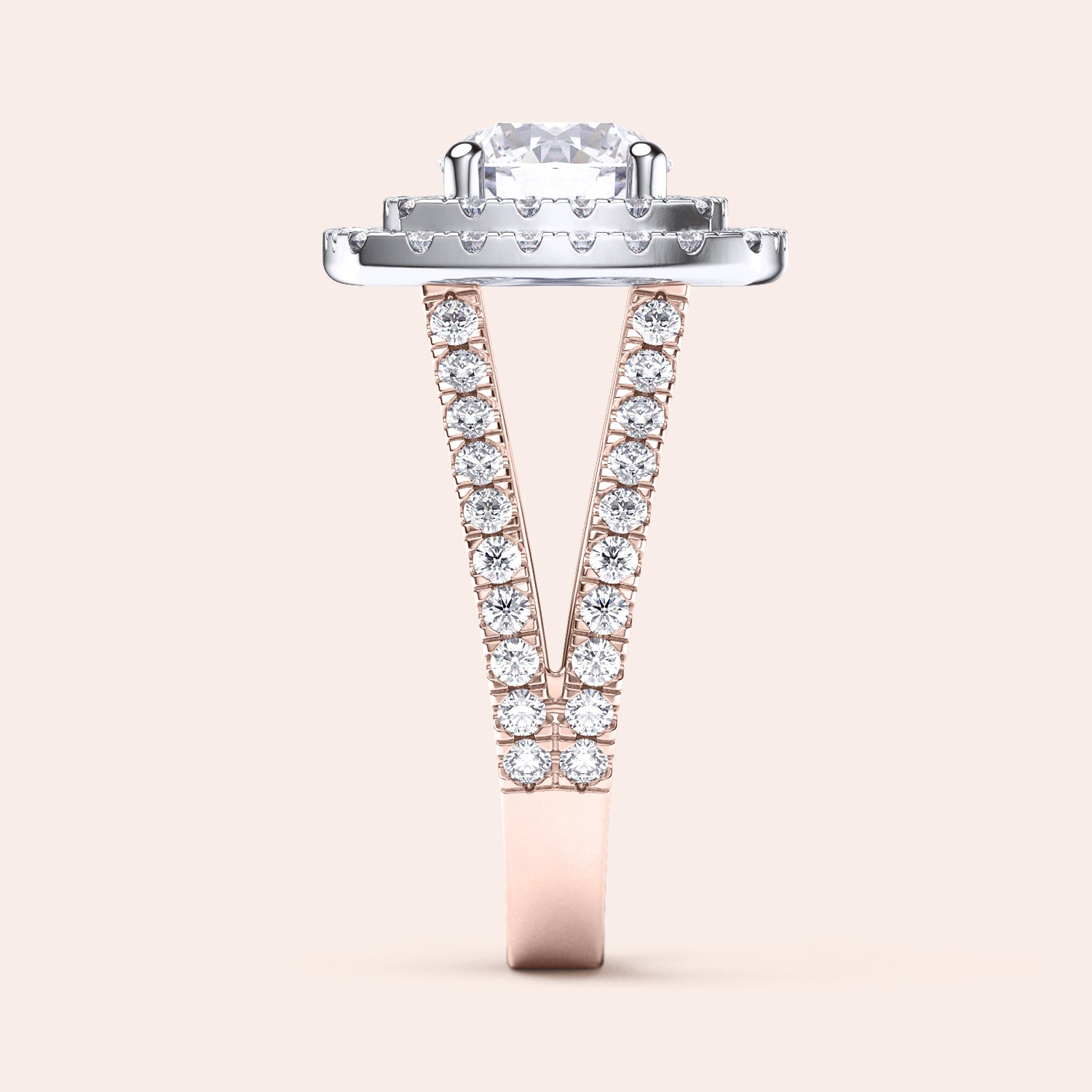 Two-tone 14K white and rose gold round diamond ring with double halo, split shank, and pave band?stunning engagement jewelry. |
#14KRecycledRose/WhiteGold
#18KRecycledRose/WhiteGold