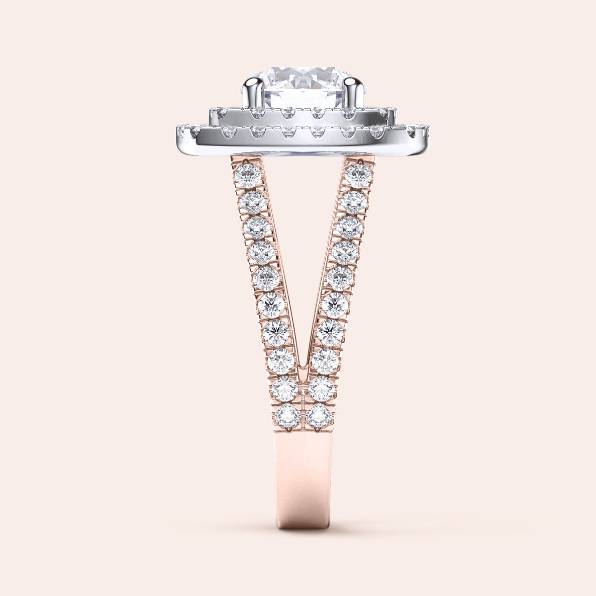Two-tone 14K white and rose gold round diamond ring with double halo, split shank, and pave band?stunning engagement jewelry. 