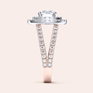 Two-tone 14K white and rose gold round diamond ring with double halo, split shank, and pave band?stunning engagement jewelry. 