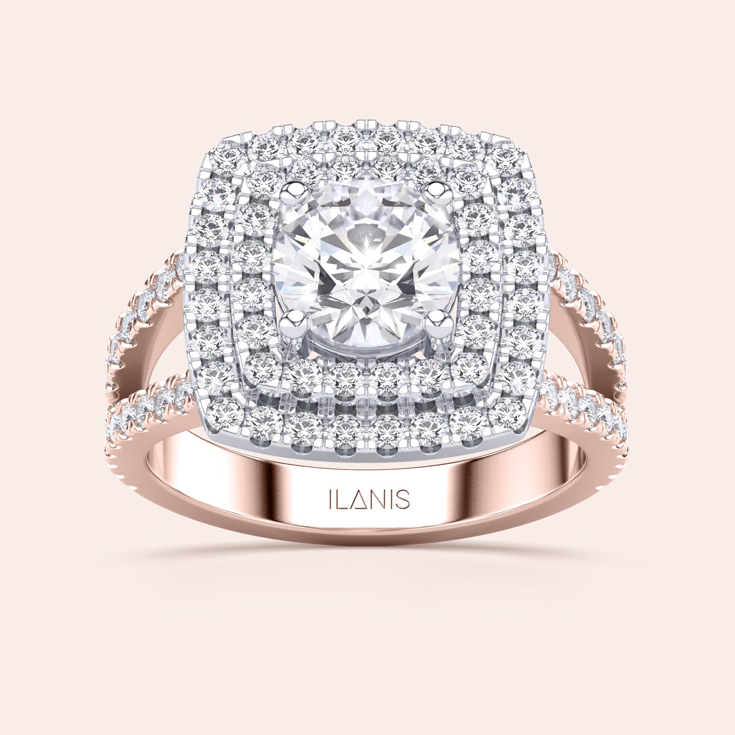 Two-tone 14K rose and white gold round diamond ring with double halo and split shank pave band, ideal for engagement. |
#14KRecycledRose/WhiteGold
#18KRecycledRose/WhiteGold