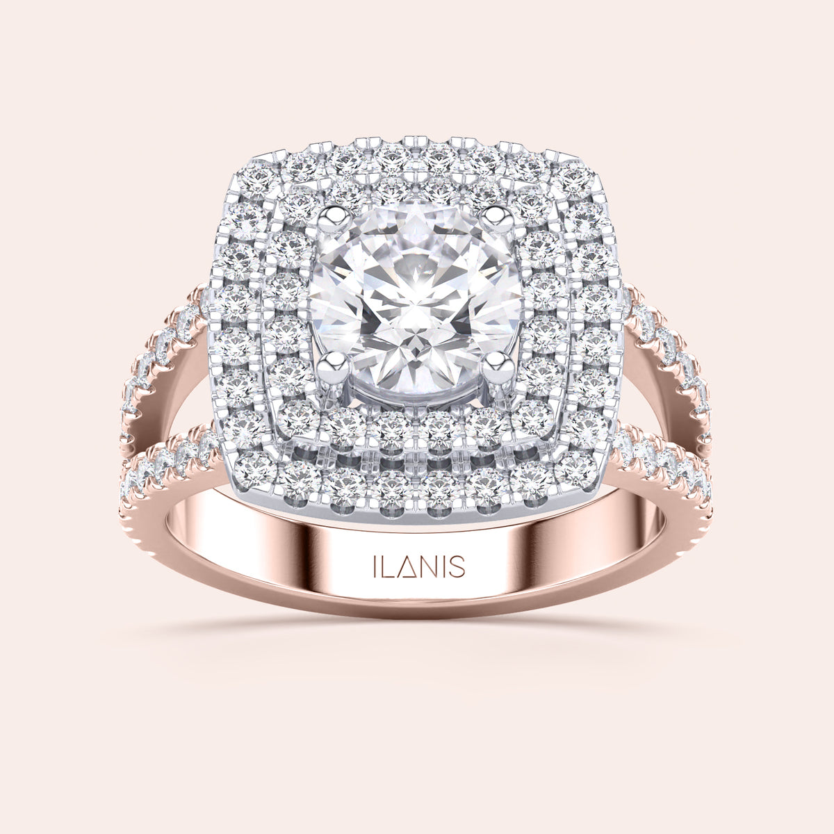 Two-tone 14K rose and white gold round diamond ring with double halo and split shank pave band, ideal for engagement. 