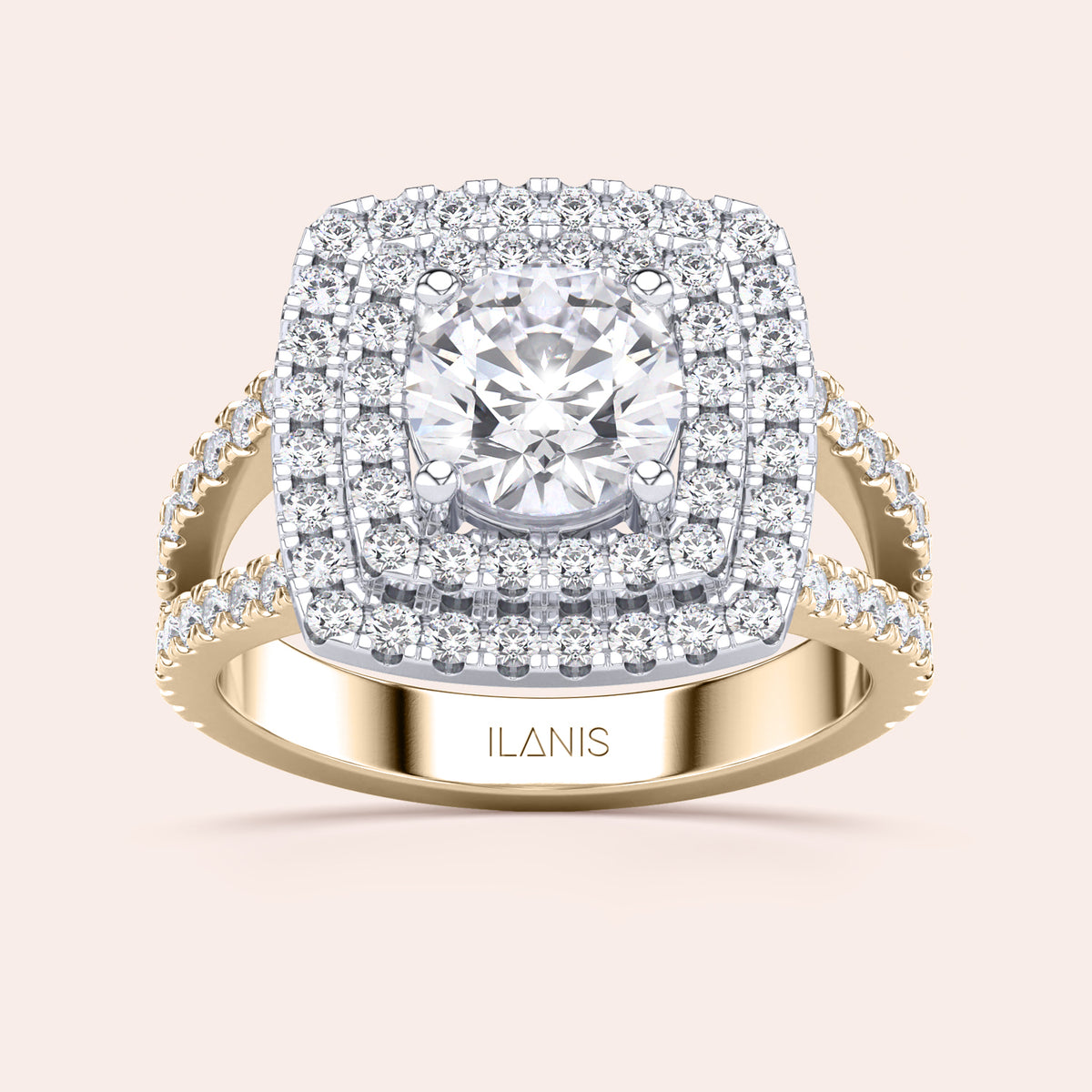 Two-tone 14K yellow and white gold round diamond engagement ring with double halo, split shank, and pave band design. 