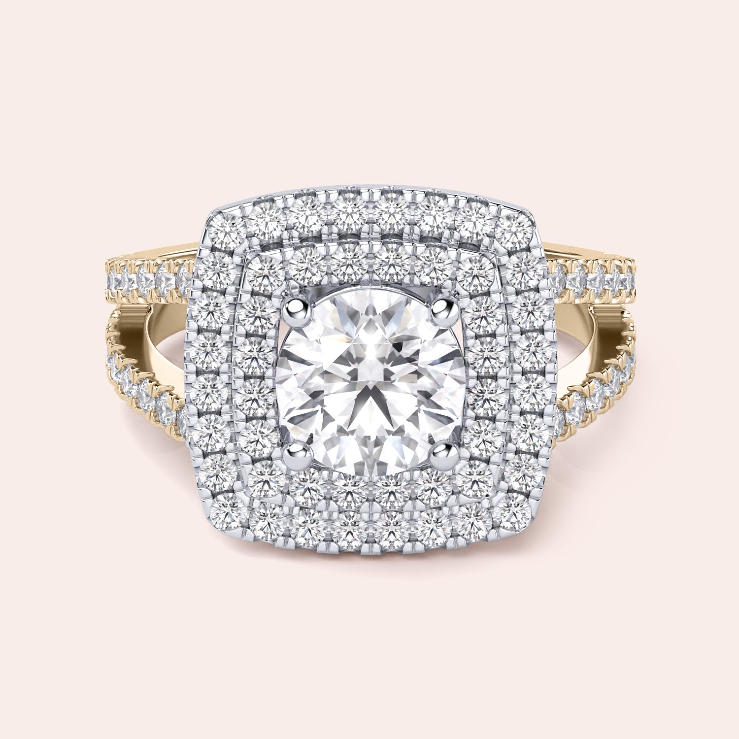Two-tone 14K gold engagement ring with round diamond, double halo, and split shank design in white and yellow gold. 