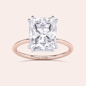 Front Image of Ava Minimalist Solitaire Radiant Cut Diamond Ring featuring a radiant cut diamond set in a two-tone band of either 14K/18K white and yellow gold or white and rose gold, designed for elegance and simplicity, ideal for engagements or special occasions. 