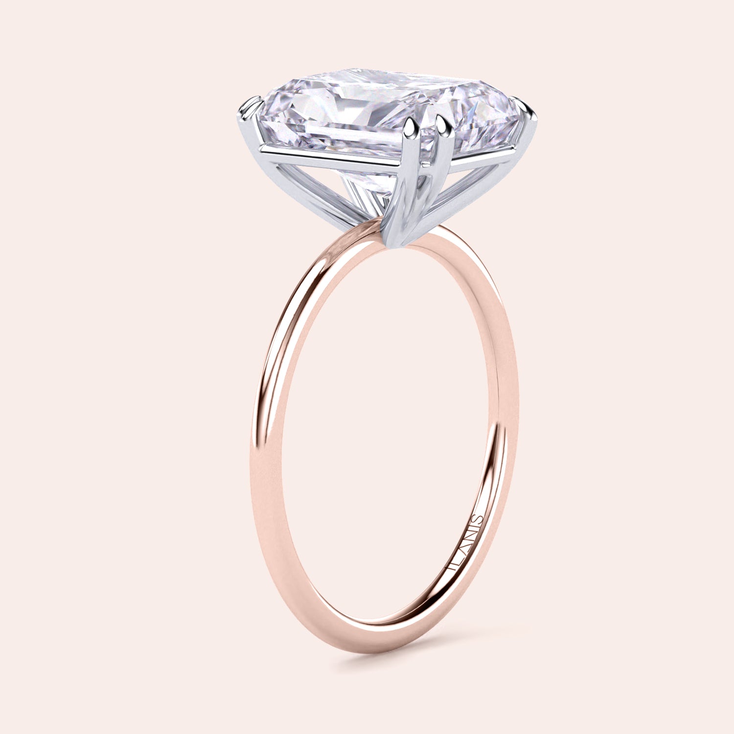 Side view Image of Ava Minimalist Solitaire Radiant Cut Diamond Ring featuring a radiant cut diamond set in a two-tone band of either 14K/18K white and yellow gold or white and rose gold, designed for elegance and simplicity, ideal for engagements or special occasions. |
#14KRecycledRose/WhiteGold
#18KRecycledRose/WhiteGold 

