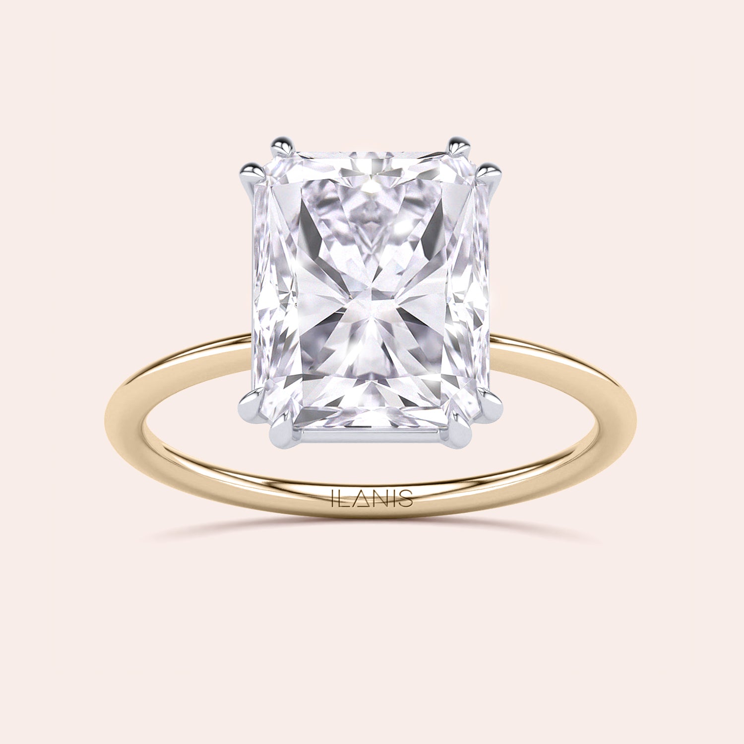 Front Image of Ava Minimalist Solitaire Radiant Cut Diamond Ring featuring a radiant cut diamond set in a two-tone band of either 14K/18K white and yellow gold or white and rose gold, designed for elegance and simplicity, ideal for engagements or special occasions. |
#14KRecycledYellow/WhiteGold
#18KRecycledYellow/WhiteGold 

