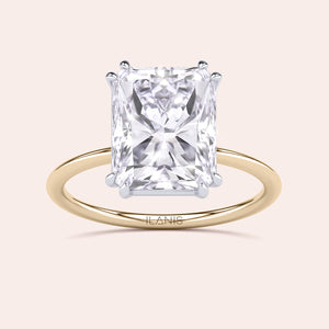 Front Image of Ava Minimalist Solitaire Radiant Cut Diamond Ring featuring a radiant cut diamond set in a two-tone band of either 14K/18K white and yellow gold or white and rose gold, designed for elegance and simplicity, ideal for engagements or special occasions. 