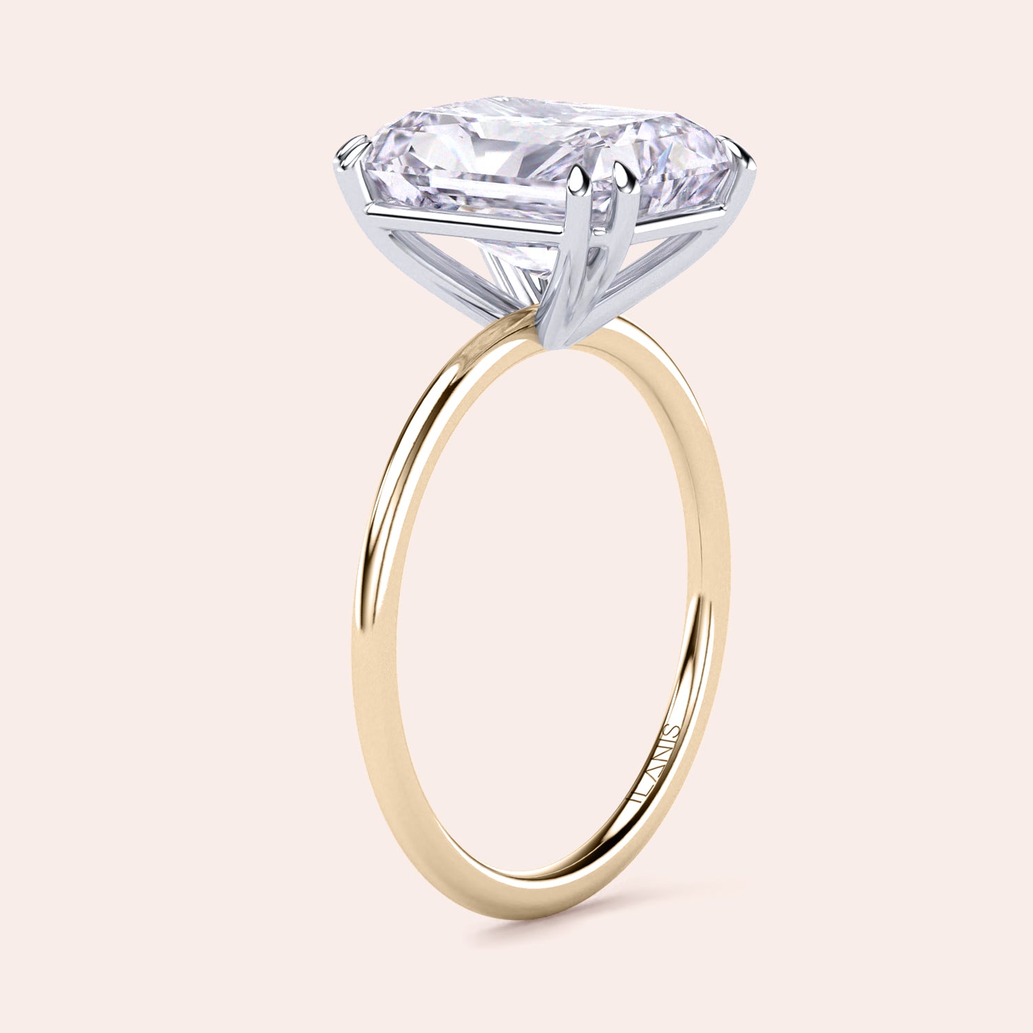Side view Image of Ava Minimalist Solitaire Radiant Cut Diamond Ring featuring a radiant cut diamond set in a two-tone band of either 14K/18K white and yellow gold or white and rose gold, designed for elegance and simplicity, ideal for engagements or special occasions. |
#14KRecycledYellow/WhiteGold
#18KRecycledYellow/WhiteGold 

