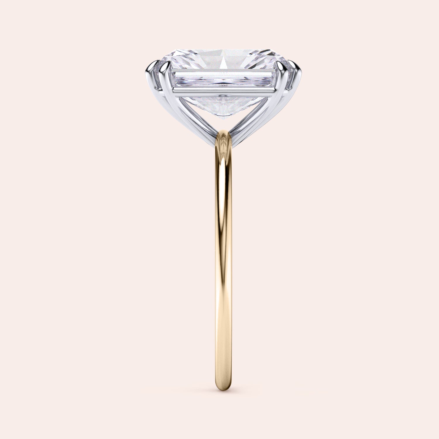 Side view Image of Ava Minimalist Solitaire Radiant Cut Diamond Ring featuring a radiant cut diamond set in a two-tone band of either 14K/18K white and yellow gold or white and rose gold, designed for elegance and simplicity, ideal for engagements or special occasions. |
#14KRecycledYellow/WhiteGold
#18KRecycledYellow/WhiteGold 

