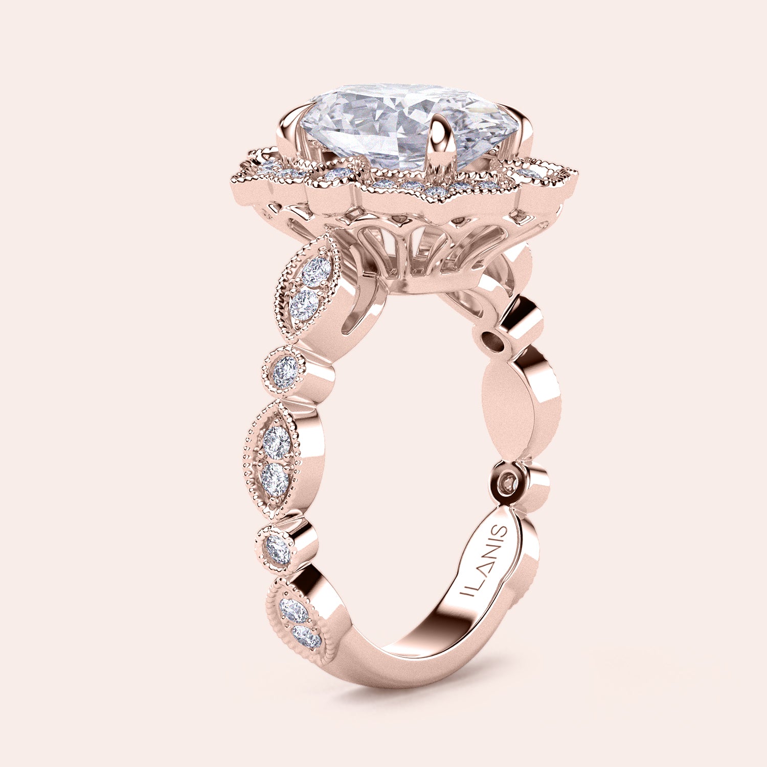 Angled view highlighting craftsmanship of filigree setting and oval halo diamond in recycled rose gold ring | #14KRecycledRoseGold #18KRecycledRoseGold