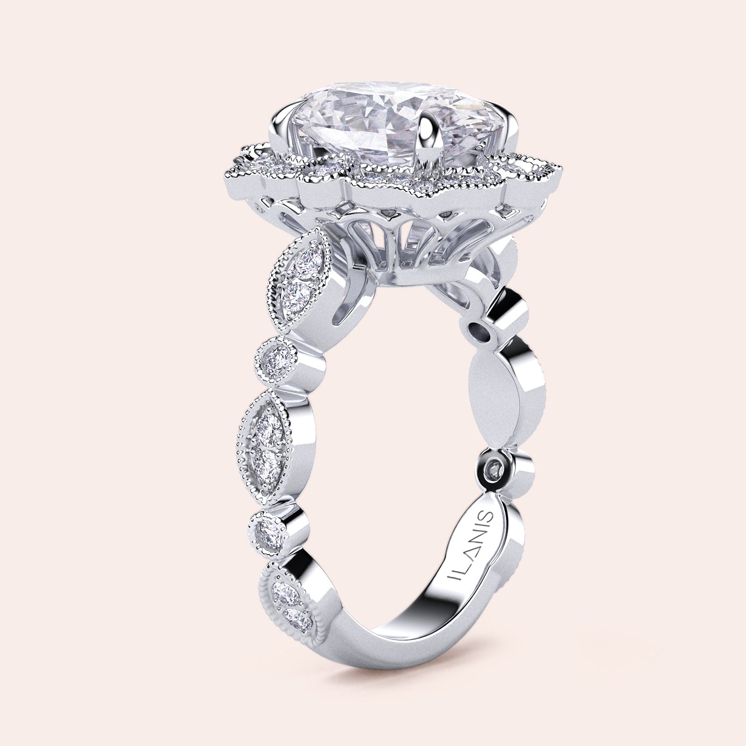 Angled view highlighting craftsmanship of filigree setting and oval halo diamond in recycled rose gold ring | #14KRecycledWhiteGold #18KRecycledWhiteGold #Platinum