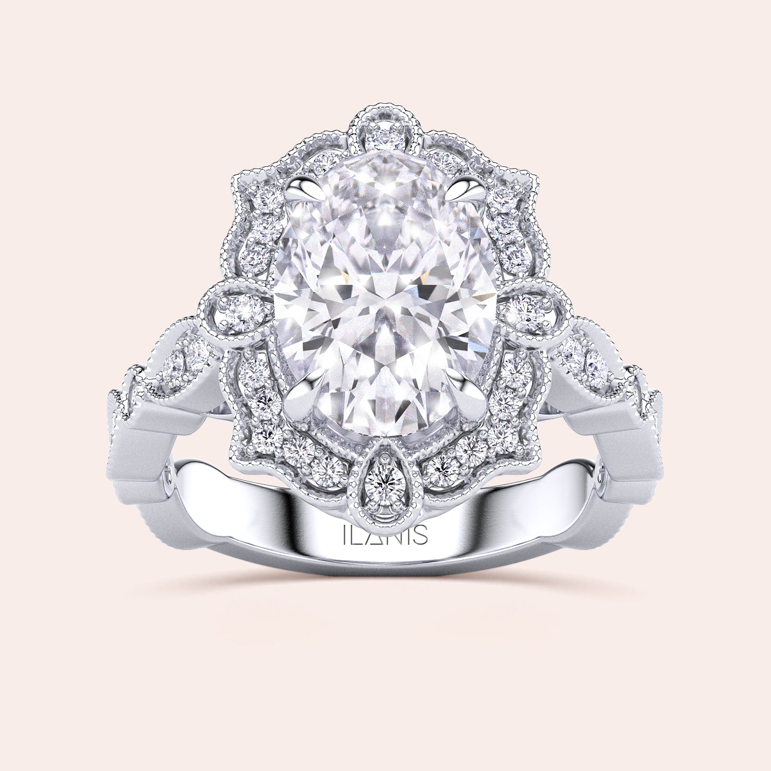 Front close-up of vintage oval halo diamond engagement ring featuring intricate filigree detailing in recycled rose gold | #14KRecycledWhiteGold #18KRecycledWhiteGold #Platinum