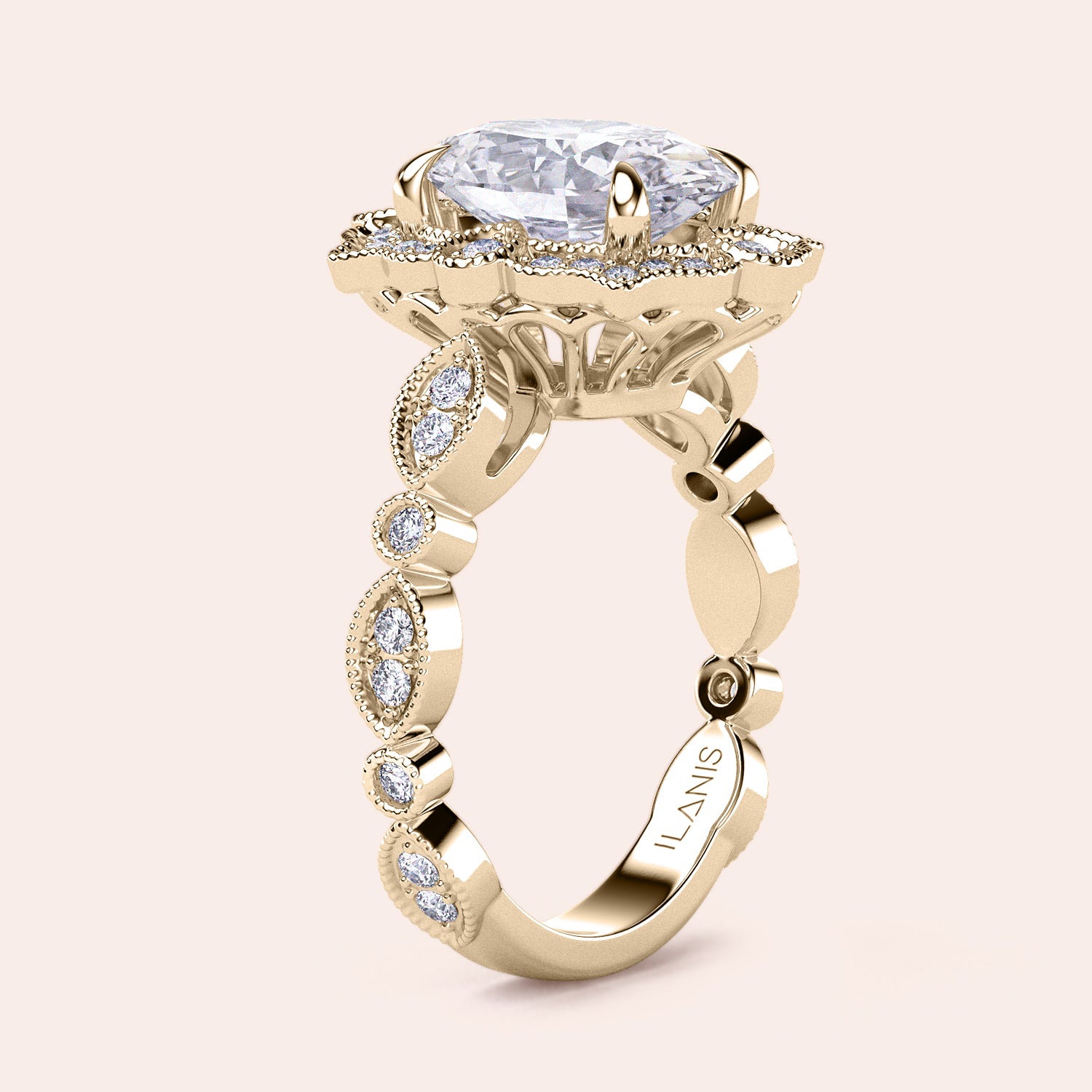 Angled view highlighting craftsmanship of filigree setting and oval halo diamond in recycled rose gold ring | #14KRecycledYellowGold #18KRecycledYellowGold