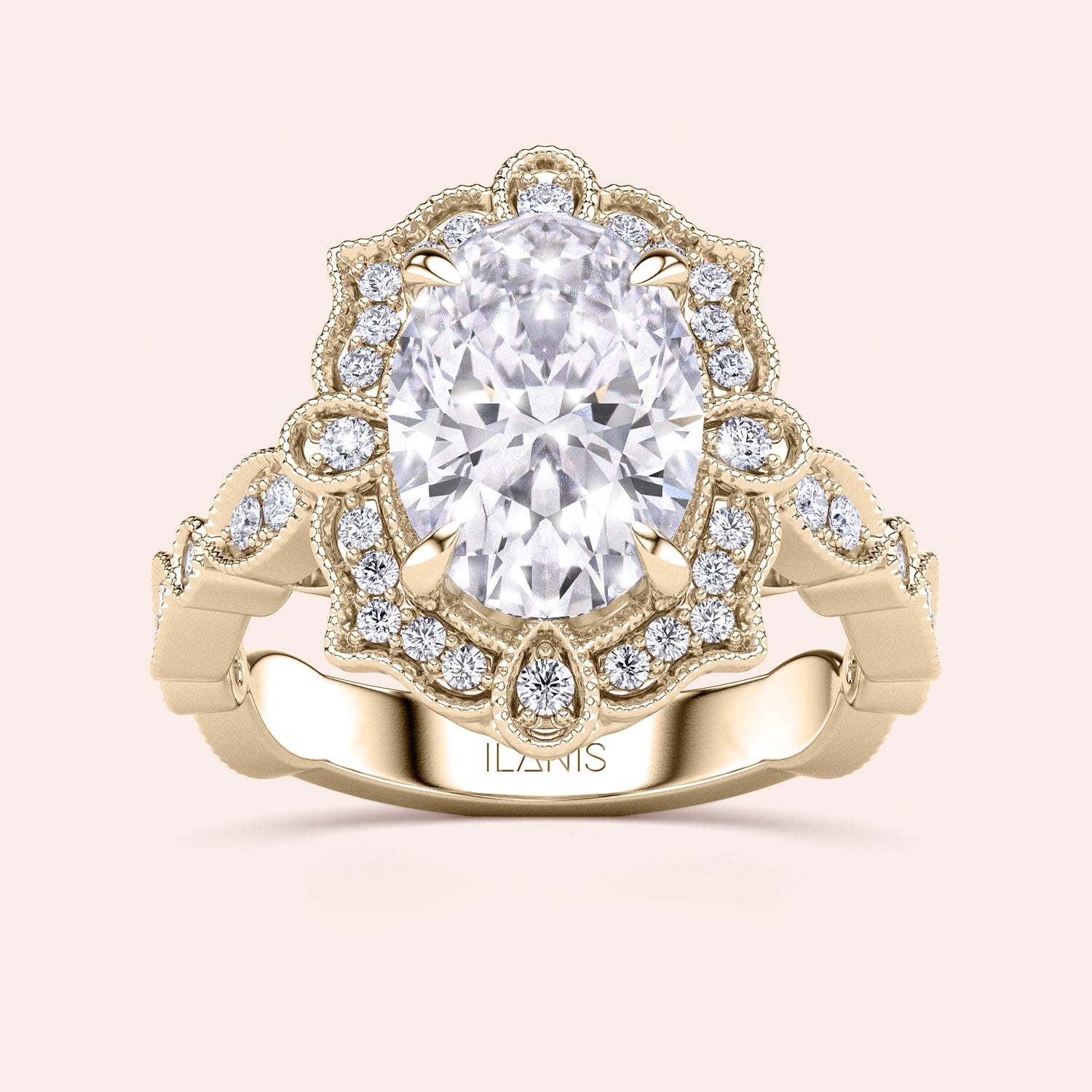 Front close-up of vintage oval halo diamond engagement ring featuring intricate filigree detailing in recycled rose gold | #14KRecycledYellowGold #18KRecycledYellowGold