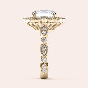 Side view showcasing detailed filigree and diamond accents on vintage oval halo diamond ring in recycled rose gold 