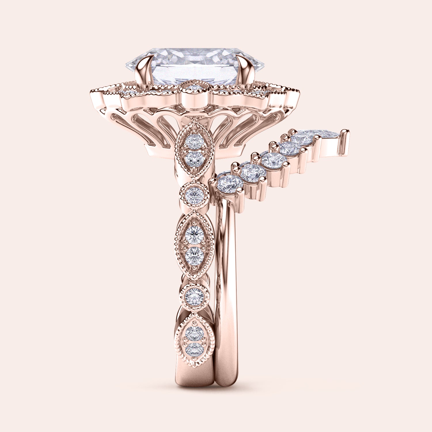 Side view of vintage filigree oval halo diamond ring set with matching band in recycled rose gold | #14KRecycledRoseGold #18KRecycledRoseGold