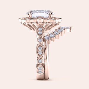 Side view of vintage filigree oval halo diamond ring set with matching band in recycled rose gold 