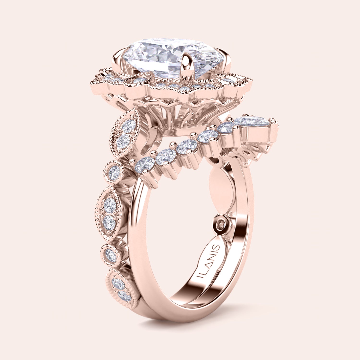 Angled side view of stunning oval halo diamond bridal set with vintage filigree design in recycled rose gold | #14KRecycledRoseGold #18KRecycledRoseGold