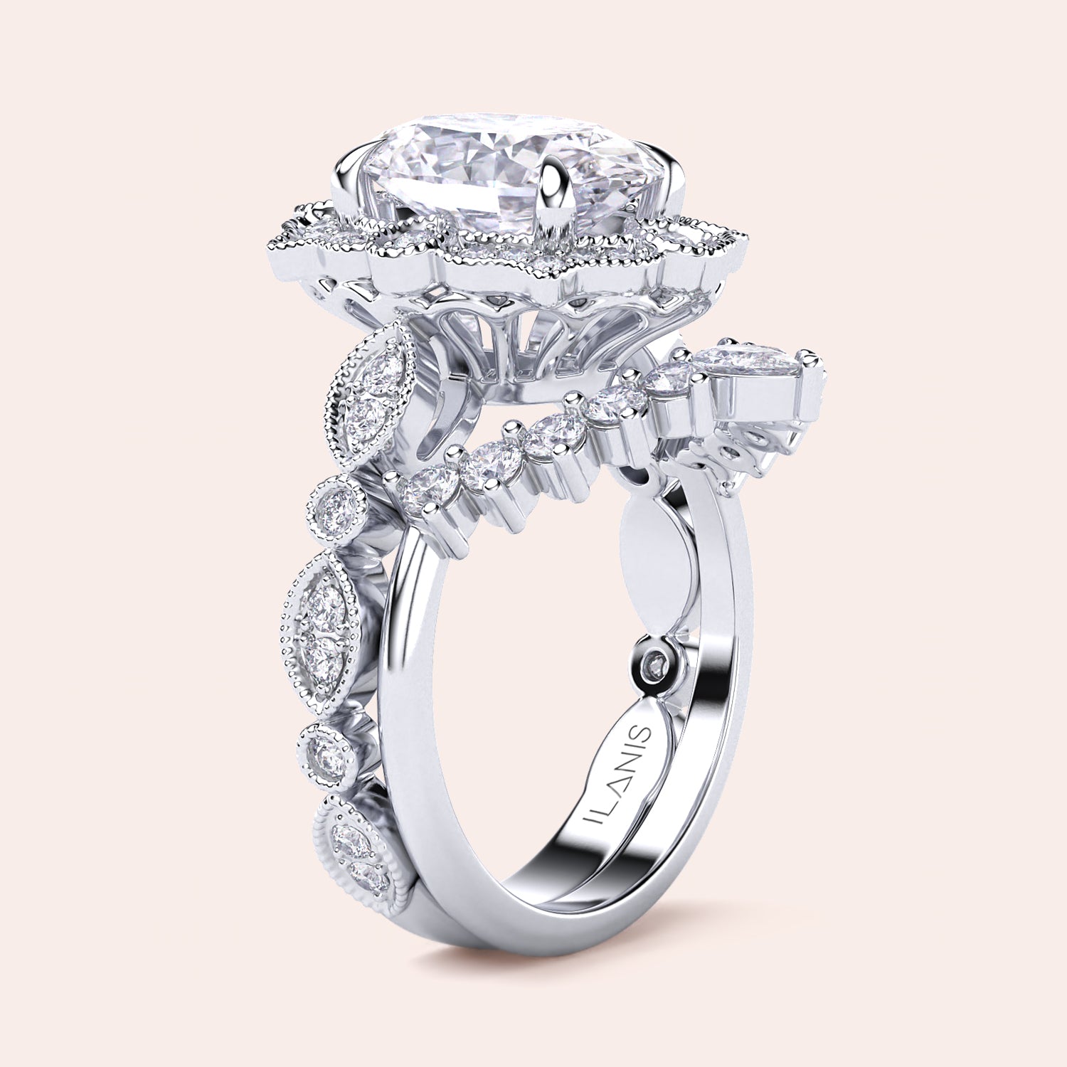 Angled side view of stunning oval halo diamond bridal set with vintage filigree design in recycled white gold | #14KRecycledWhiteGold #18KRecycledWhiteGold #Platinum