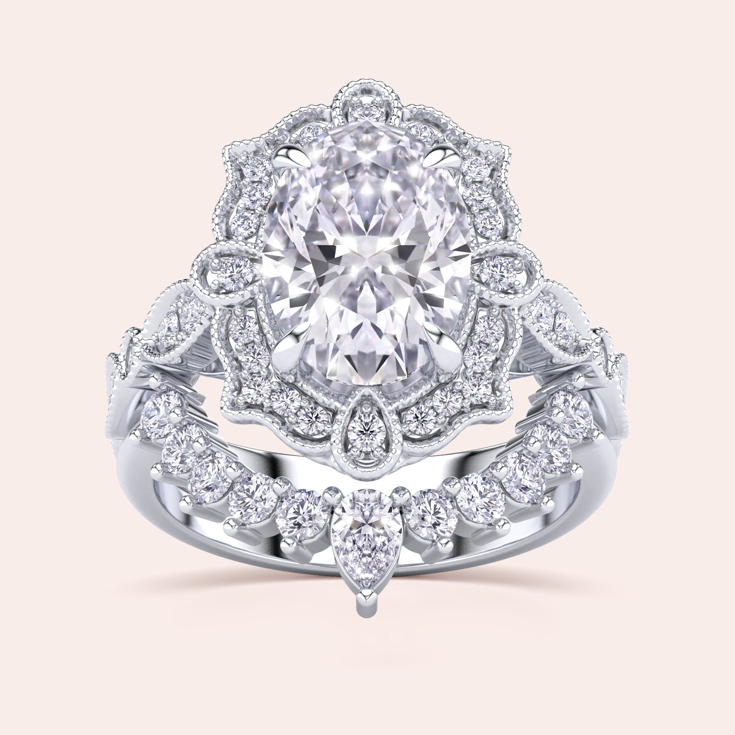 Detailed frontal view of oval halo diamond engagement ring set, highlighting exquisite craftsmanship and filigree accents in recycled white gold | 
#14KRecycledWhiteGold #18KRecycledWhiteGold #Platinum