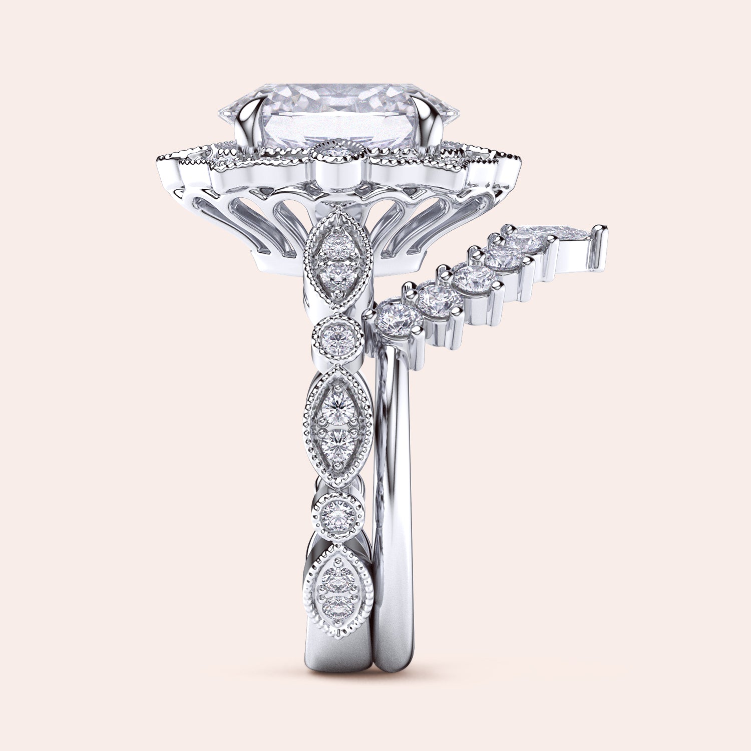 Side view of vintage filigree oval halo diamond ring set with matching band in recycled white gold | #14KRecycledWhiteGold #18KRecycledWhiteGold #Platinum