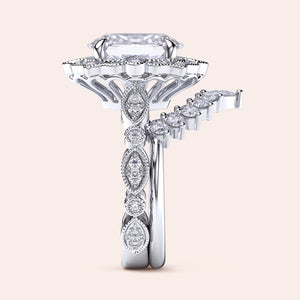 Side view of vintage filigree oval halo diamond ring set with matching band in recycled white gold 