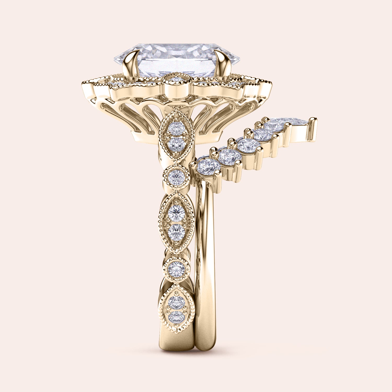 Side view of vintage filigree oval halo diamond ring set with matching band in recycled rose gold | #14KRecycledYellowGold #18KRecycledYellowGold