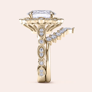 Side view of vintage filigree oval halo diamond ring set with matching band in recycled rose gold 