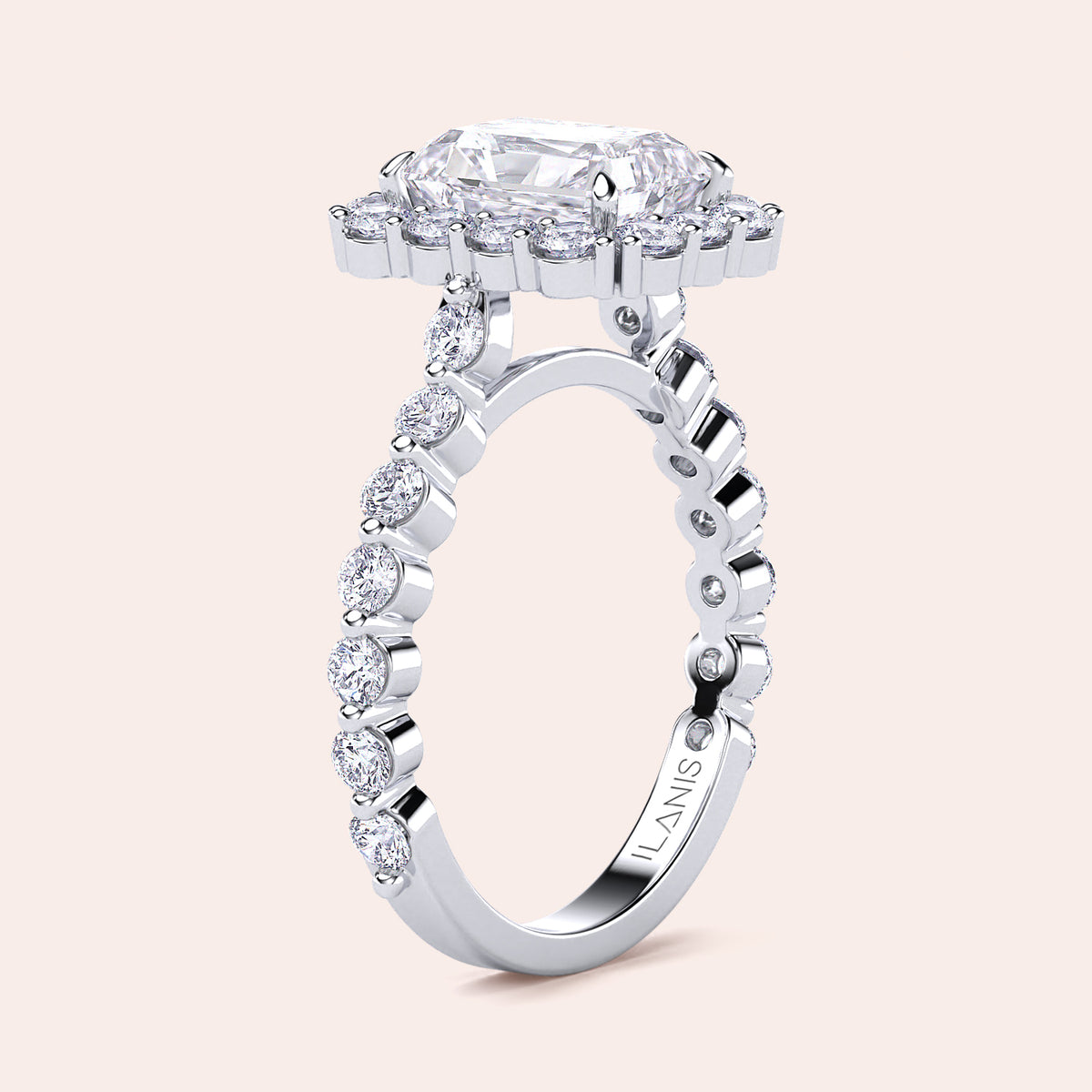 Angled view of radiant-cut halo diamond ring highlighting detailed diamond-studded band crafted in white gold or platinum 