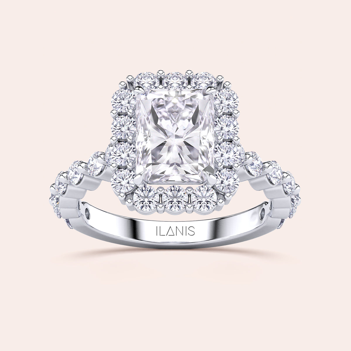 Detailed frontal close-up of radiant-cut halo diamond ring featuring a delicate diamond-accented band in white gold or platinum 