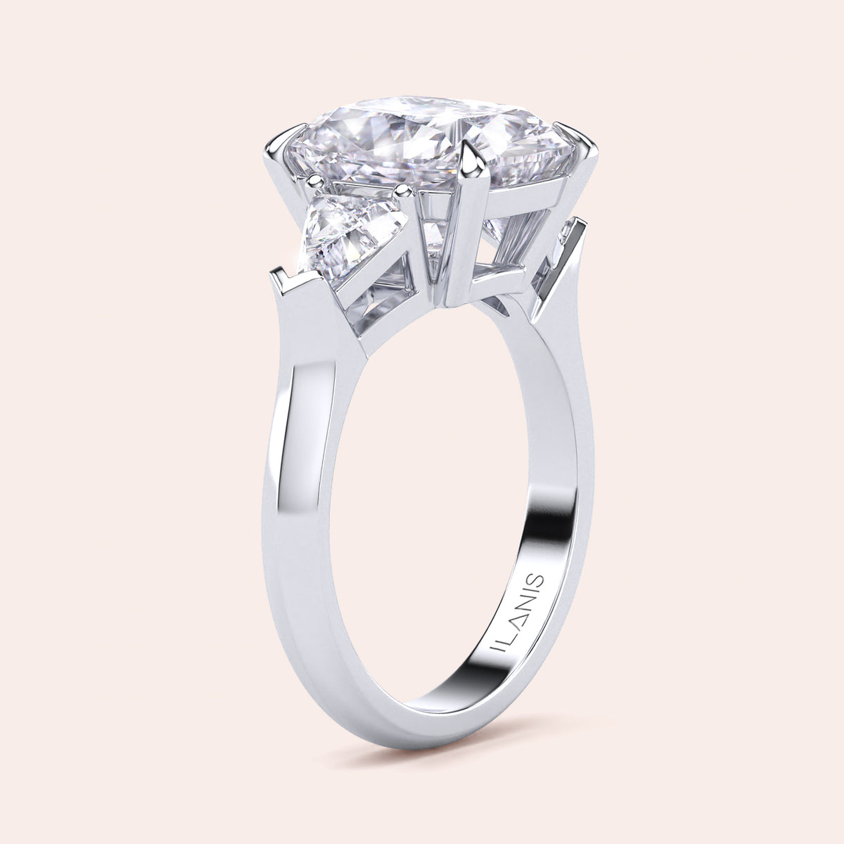 Stunning 14K/18K white gold trilogy engagement ring cushion cut center diamond, and shield side stones. 