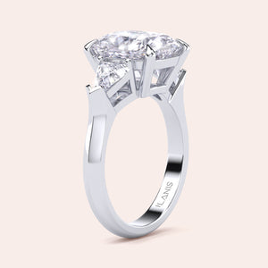 Stunning 14K/18K white gold trilogy engagement ring cushion cut center diamond, and shield side stones. 