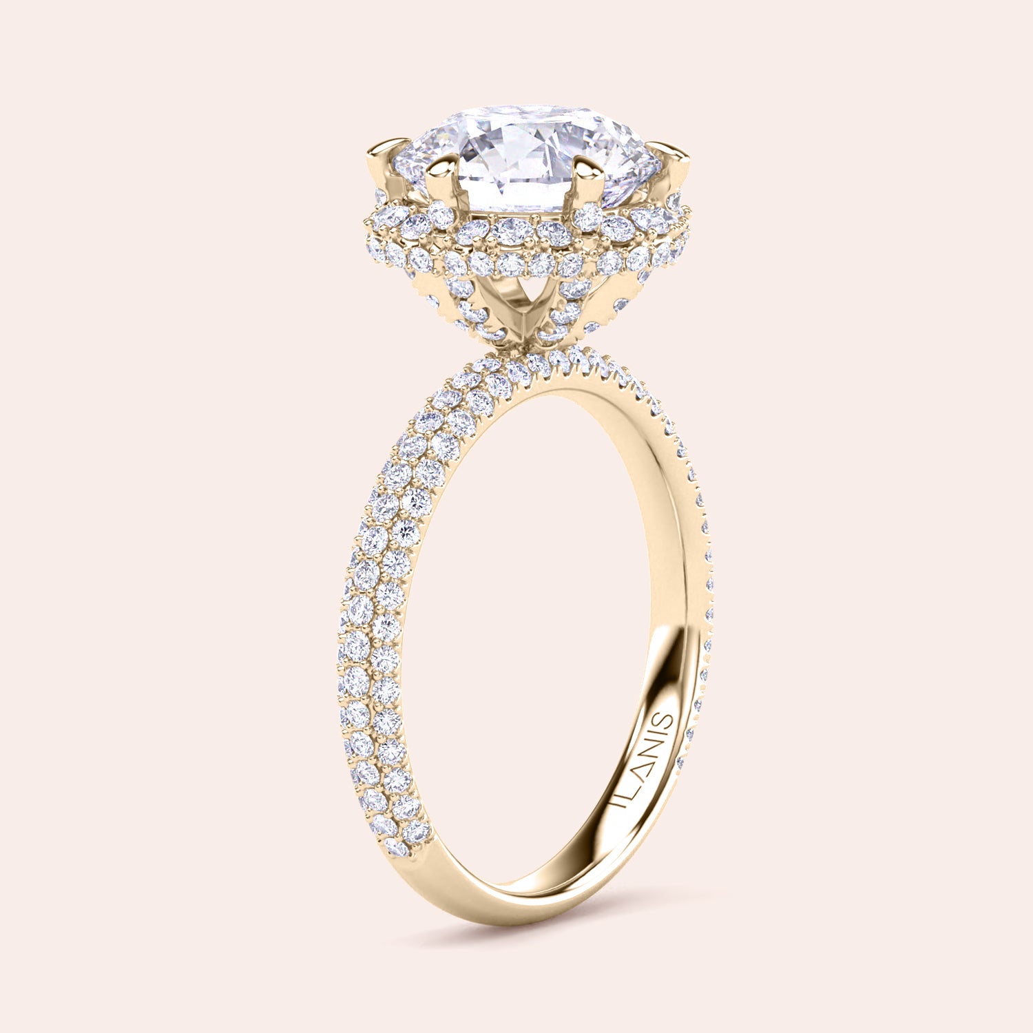 Exquisite yellow gold engagement ring featuring a halo of pavé-set diamonds around a radiant cushion-cut center stone, mounted on a fully diamond-encrusted band. | #14KRecycledYellowGold #18KRecycledYellowGold