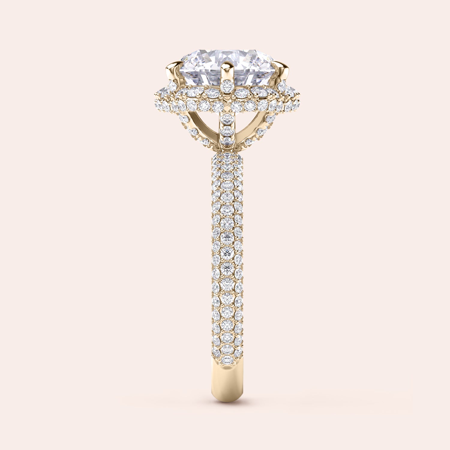 Side profile of a yellow gold cushion-cut diamond engagement ring, highlighting intricate design elements and a diamond-studded band that exudes sophistication. | #14KRecycledYellowGold #18KRecycledYellowGold