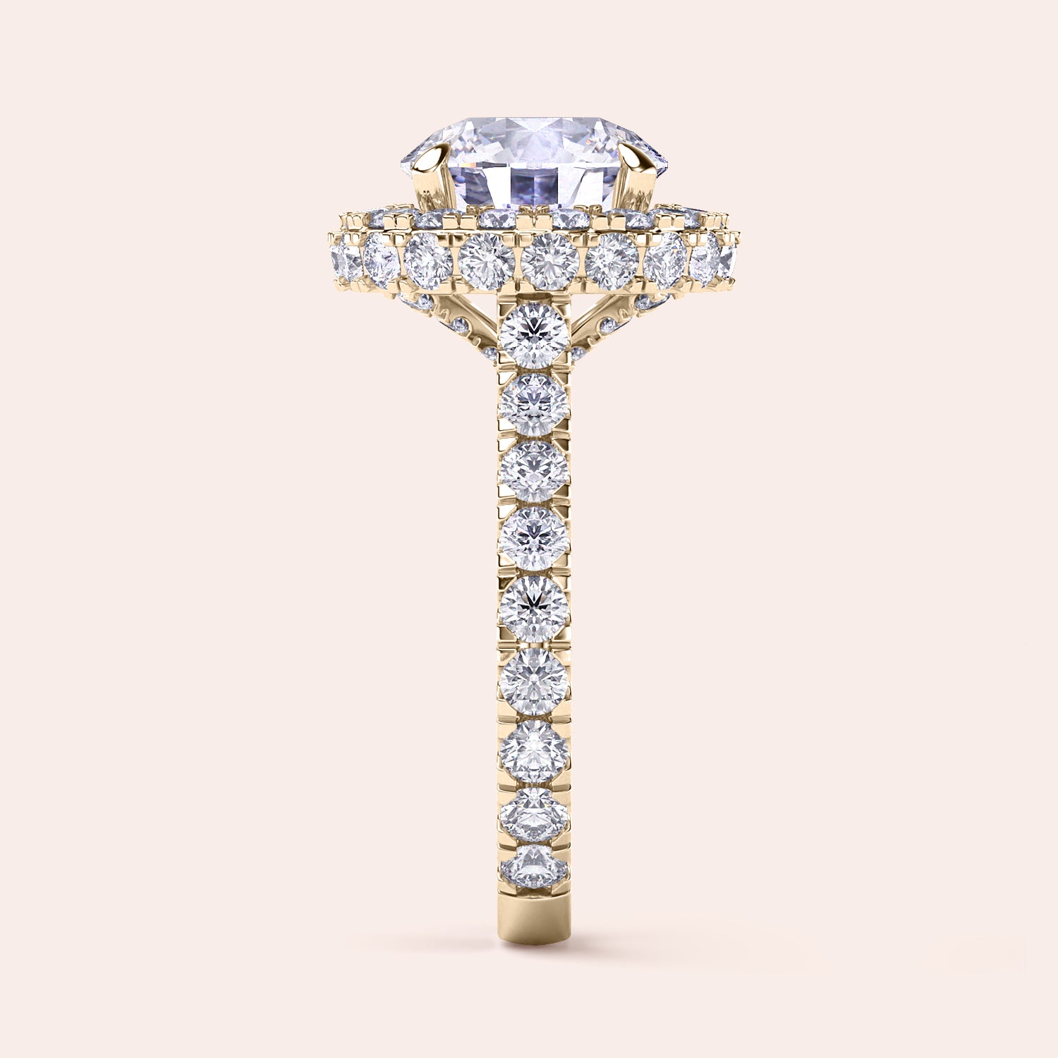 Side view of a yellow gold round-cut diamond halo engagement ring, showcasing a complex halo setting that enhances the ring’s luxury and depth. | #14KRecycledYellowGold #18KRecycledYellowGold