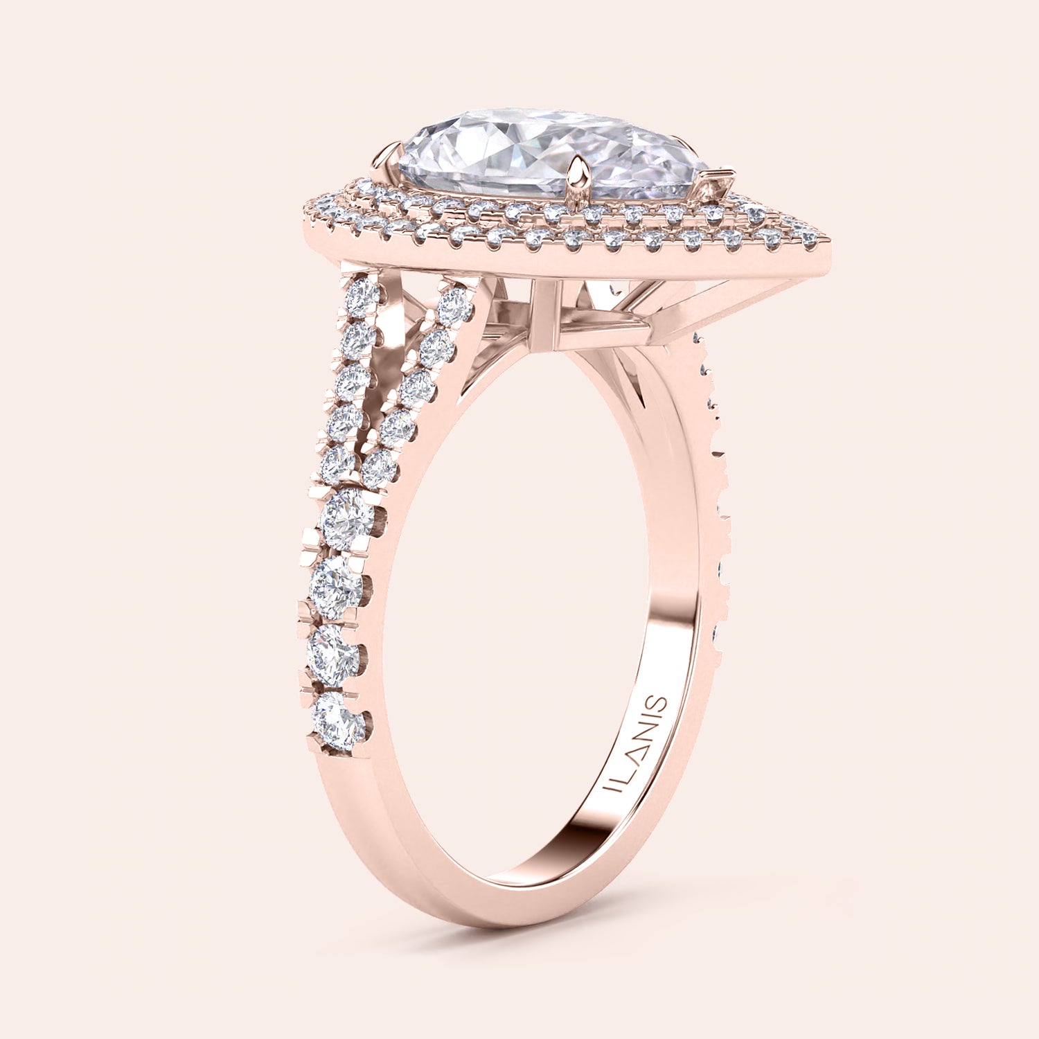 Stylish rose gold engagement ring with a round brilliant diamond, framed by a seamless halo and a glittering pavé band with unique milgrain edges. #14KRecycledRoseGold #18KRecycledRoseGold